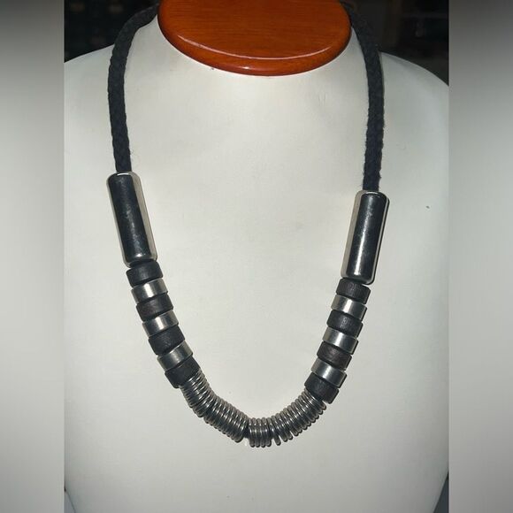 Vintage Aarikka Finland Modernist Barrel Bead Rope Black & Silver Necklace - Picture 3 of 5